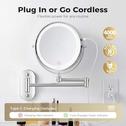 Wall Mounted Makeup Mirror 8 Inch 1X/30X LED Rechargeable with Metal Arm