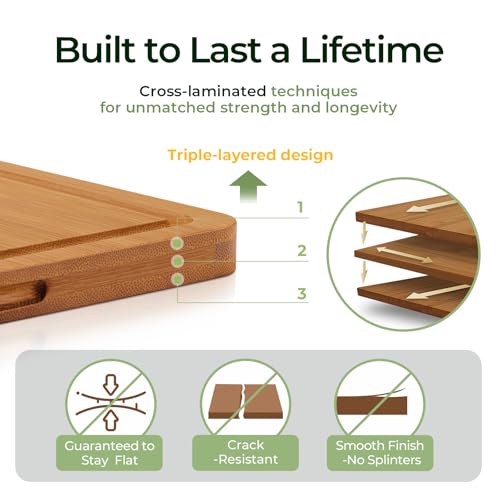 Keechee 3-Piece Carbonized Bamboo Cutting Board Set with Deep Juice Grooves & Handles