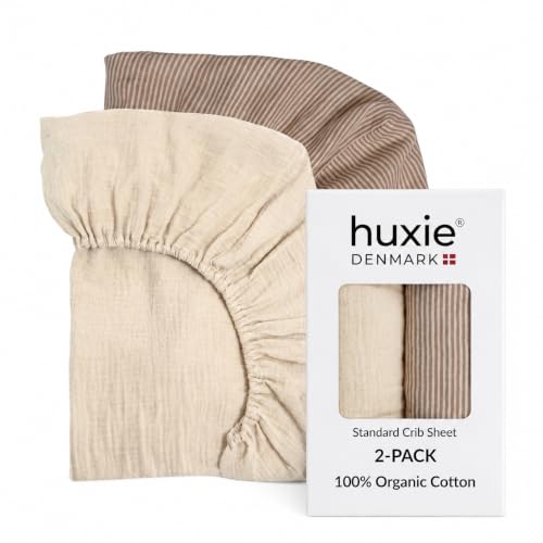 Huxie 2-Pack Organic Cotton Muslin Crib Sheets Fog/Stripe | 28x52 Inches