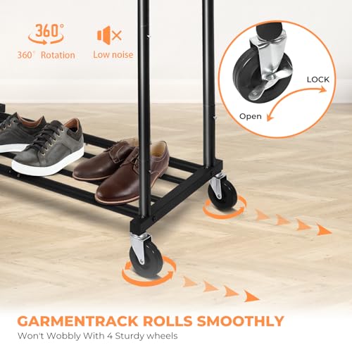 Black Portable Double Rod Garment Clothes Rack with Wheels & Storage Shelf - 48"W x 15"D x 67"H