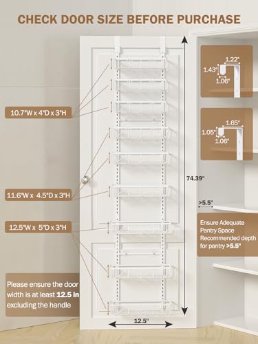 White 12.5-Inch 9-Tier Over the Door Pantry Organizer - Adjustable Metal Spice Rack