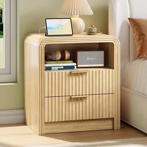 Nightstand with Charging Station - Oak Fluted Design, 2 Drawers - Natural Oak, 1 Pack