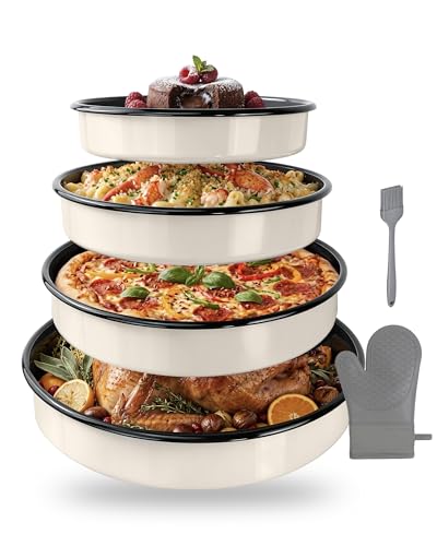 Creamy White Round Turkey Roasting Pan Set of 4 Enamel Bakeware for Oven