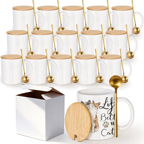 16-Pack Sublimation Coffee Mugs 11oz with Bamboo Lids & Spoons - White Ceramic