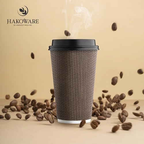 Brown 16 oz Disposable Paper Coffee Cups with Lids - Insulated Double-Walled