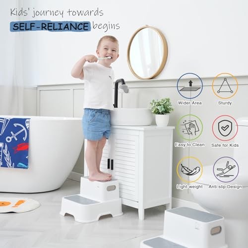 Grey & White Toddler Step Stool for Bathroom Sink & Potty Training 2-Pack - Kid-Friendly Plastic Boosters with Faucet Extenders
