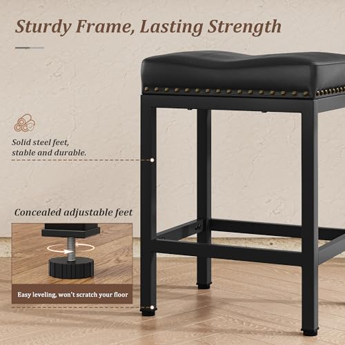 GRUSIGN Black 24 Inch Set of 2 Counter Height PU Leather Bar Stools with Footrest