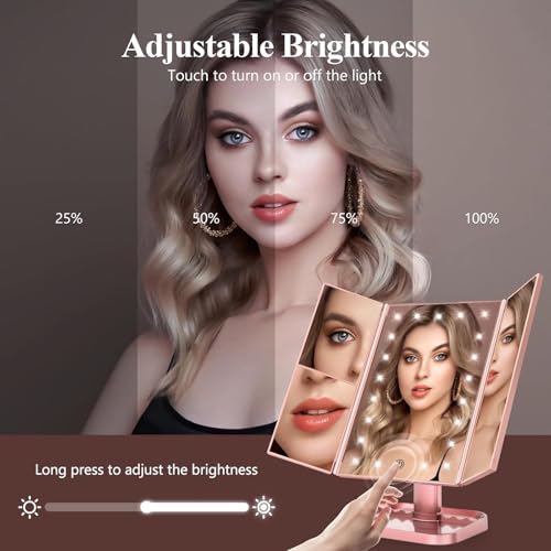 HUONUL Lighted Vanity Mirror with Magnification - Rose Gold, 2X/3X/10X, Trifold Makeup Mirror