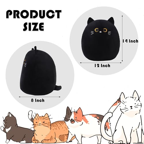 SQEQE Cat Plush Pillow Kawaii Cat Stuffed Animal Fluffy Plushies Doll Toy Soft Animal Shape Design Stuffed Animals Gifts for Kids(Black, 14 inch)