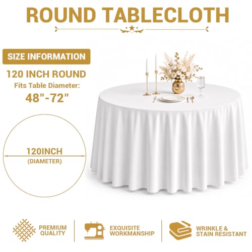 White 120 Inch Round Tablecloths - Pack of 10 Washable Polyester Cover for Dining & Events