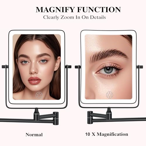 Black Wall Mounted Lighted Makeup Mirror with 10X Magnification & Dimmable LED Lights