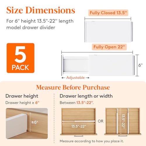 Adjustable Drawer Dividers 6 Inch Tall, Expandable Deep Organizer with Variation 5/6"H, 13.5-22"L