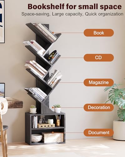 Black 6-Tier Tree Bookshelf with Storage Cabinet - Compact Tall Bookcase