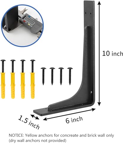 Firmetal 10x6 Inch Heavy Duty Shelf Brackets Pack of 4, Max 320lbs Load, Alloy Metal Corner Supports for Shelving, Black Finish