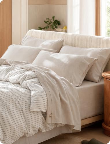Bedsure PureWoven 100% Washed Cotton Queen Sheets Linen Beige 6PCS