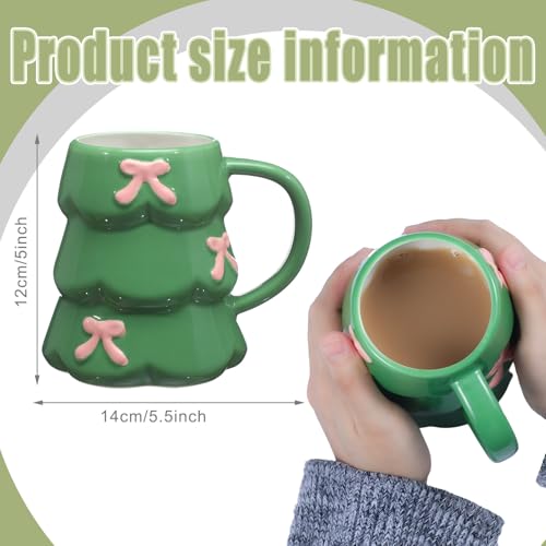 Didaey 18oz Christmas Tree Mugs Set – Green Ceramic Coffee Cups with Pink Bows