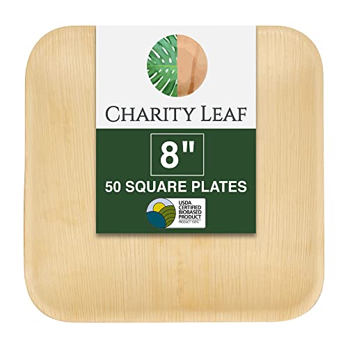 Charity Leaf 8-Inch Square Disposable Bamboo Plates - 50 Pack, Eco-Friendly & Heavy Duty
