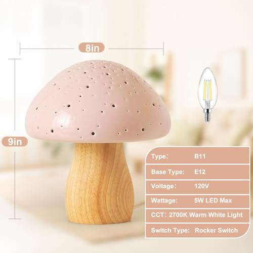BOHON Pink Mushroom Ceramic Bedside Table Lamp with Warm White LED Bulb