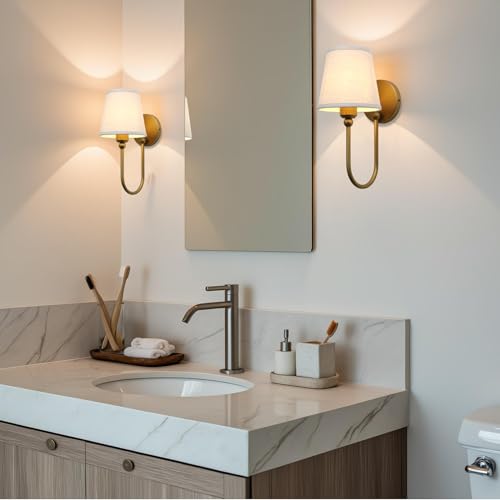 Pathson Antique Brass Linen Fabric Wall Sconces Set of 2 - Curved Arm Bathroom Vanity Lights