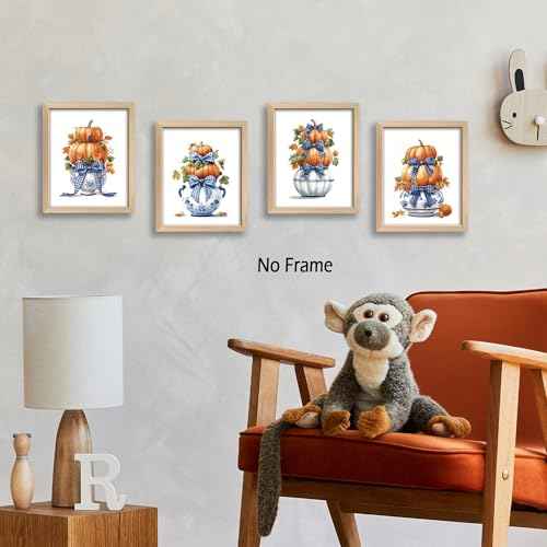 KSDUT Chinoiserie Pumpkin Wall Art Decor Set of 4 - Autumn Fall Coquette Artwork Poster Blue Flower Bows Wall Decor for Grandmillennial Home Bedroom Decorations - 8"x10" Unframed