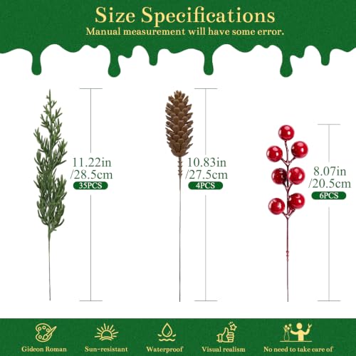 45 Pcs Christmas Artificial Pine Branches with Red Berries & Pine Cones - Holiday Decor