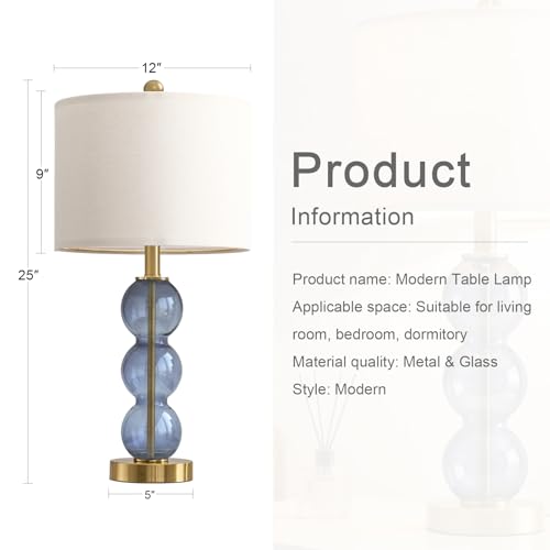 Blue Glass Modern Table Lamp Set of 2 with USB Charging Ports - 25 Inch Bedside Lamps for Living Room & Bedroom