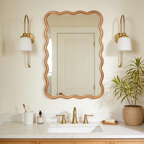 Wavy Wood Mirror 24x36 Inch Wall Decor with Wooden Frame - Walnut Variation