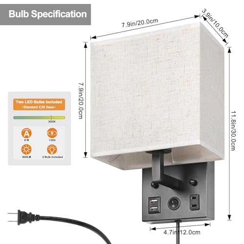 Black CADUKE Bedside Wall Lamp Set of 2 with USB & AC Outlet - Modern Wall Sconces