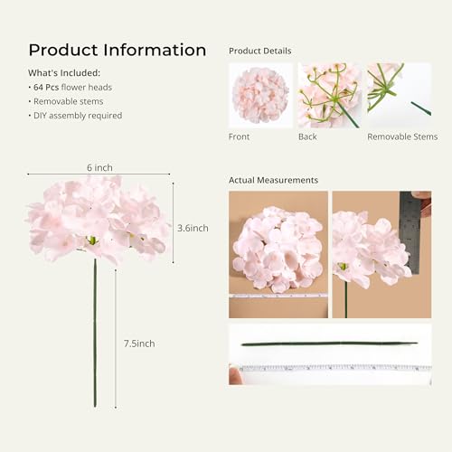 Pink Hydrangea Artificial Flowers Bulk Set - 64 Pieces, Realistic Silk Blooms