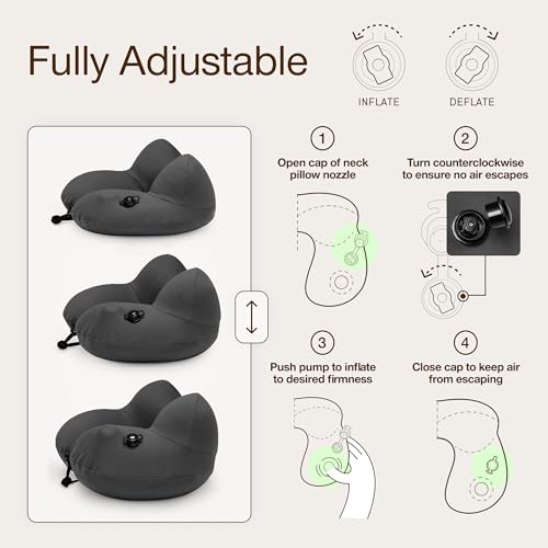 Inflatable Travel Neck Pillow with Memory Foam Support, Adjustable & Washable Cover