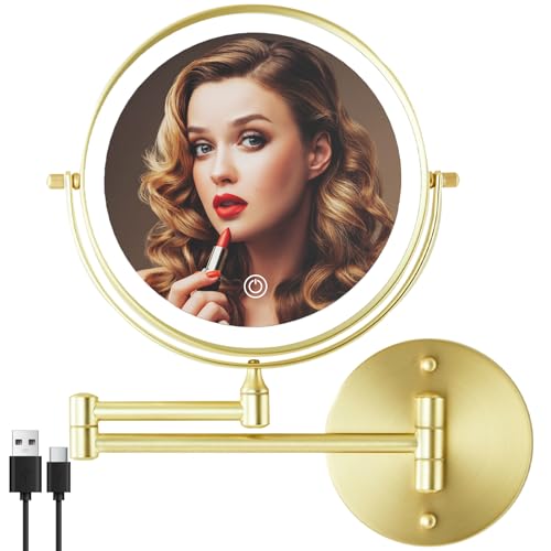 Brushed Gold 8-Inch Lighted Wall Mounted Makeup Mirror 1X/10X Magnification