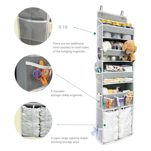 EZVERY Grey Hanging Baby Diaper Organizer with 3 Bins & Movable Caddy