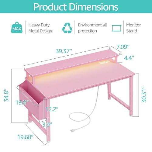 Pink Girls Gaming Desk with LED Lights & Power Outlets - 39.4 Inch Home Office Computer Table with Monitor Stand