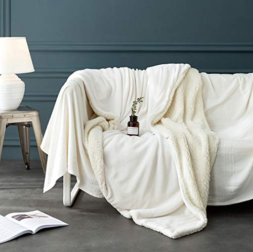 LBRO2M Ivory Sherpa Fleece King Bed Blanket 90x104 Plush Warm Throw