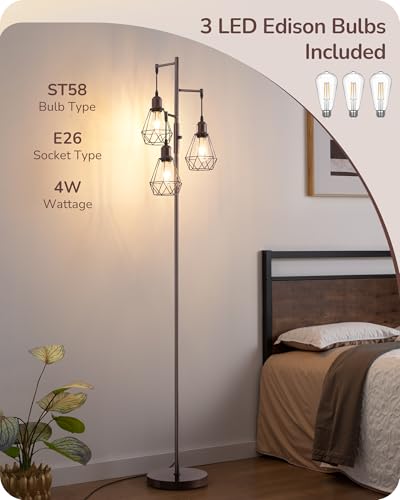 EDISHINE 70-Inch Industrial Floor Lamp with Dimmable 3 LED Bulbs - Brown