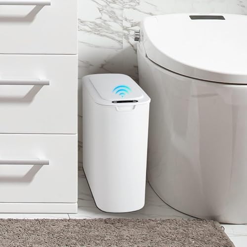 White Automatic Touchless Bathroom Trash Can 2.6 Gallon Slim Waste Bin