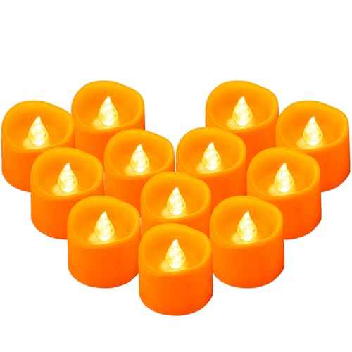 12 Pack Orange Tea Lights Battery Operated, Flameless Flickering Halloween LED Votive Tealight Candle, Outdoor Battery Flicker Electric Fake Candles Bulk for Pumpkin Christmas Fall Decorations