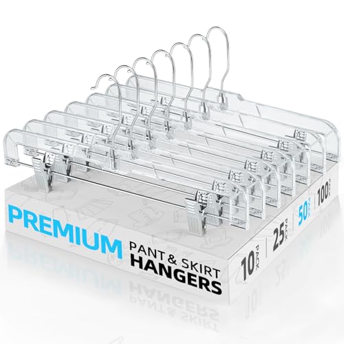 50 Pack Heavy Duty Clear Pants & Skirt Hangers with Clips - 14 Inch