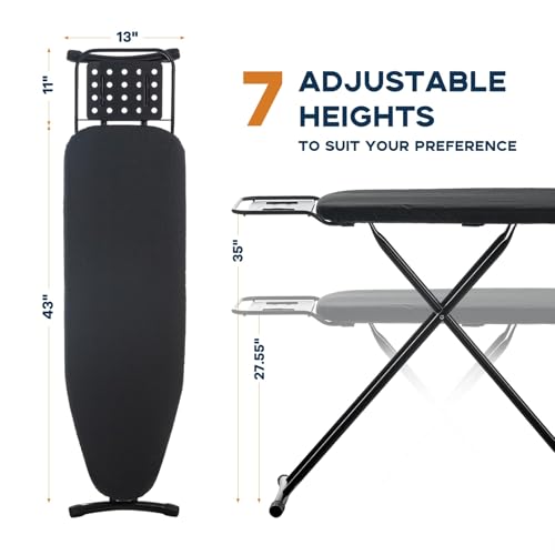 RAINHOL Black Full Size Adjustable Ironing Board 54x13 inches with Steel Frame and Cotton Cover