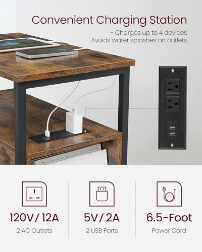 VASAGLE Rustic Brown & Ink Black Side End Table with Charging Station, Narrow Nightstand with Storage - 23.6"D x 11.8"W