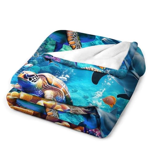 Ocean 50x60 Ocean Sea Turtle Dolphin Throw Blanket - Soft Fleece Plush for Couch Sofa Bed