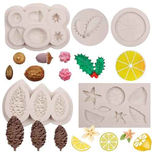 Pinecone Chocolate Molds, Pinenut Winter Foliage Lemon Slice Silicone Fondant Molds, Holly Leaf Lemon Candy Molds for Christmas Cake Decoration Cupcake Topper Gummy Plaster Clay Resin Set of 5