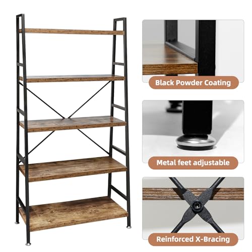 5 Tier Ladder Bookshelf - Rustic Brown Wood & Metal Industrial Storage