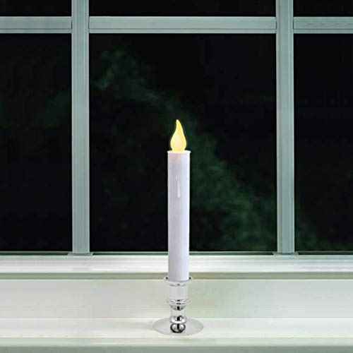 CVHOMEDECO. Window Candles with Suction Cups, Battery Operated LED Taper, Auto On/Off, Removable Silver Base, Flickering Warm Orange Flameless Lights Decor. (2 Pack)