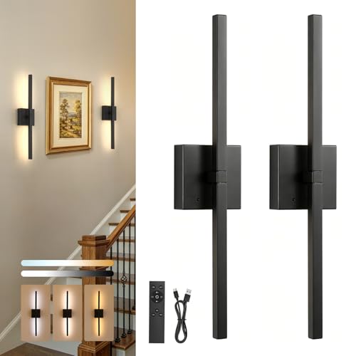 Black 24-Inch Battery Operated Wall Sconce Set - Rechargeable, 360° Rotatable, Dimmable, Wireless with Remote - Variation: Black / 3W-24Inch
