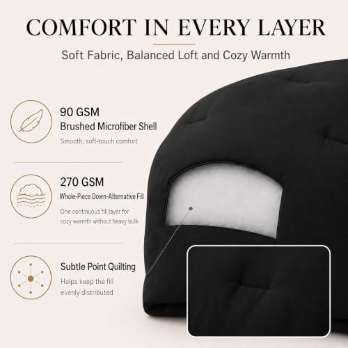 King Comforter Set with Corner Tabs - Black, 3 Pieces Down Alternative Bedding