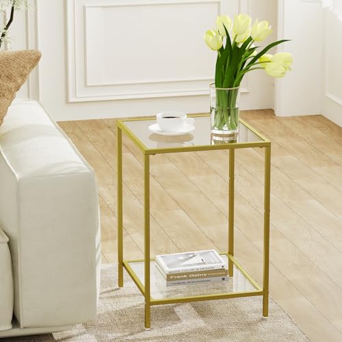 Gold Side Tables Set of 2 with Tempered Glass - Square End Tables, Modern Living Room & Bedroom Decor, 15.7"D x 15.7"W x 23.6"H