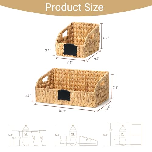 Natural Water Hyacinth Pantry Baskets 3 Pack with Chalkboard Labels & Wide Handles