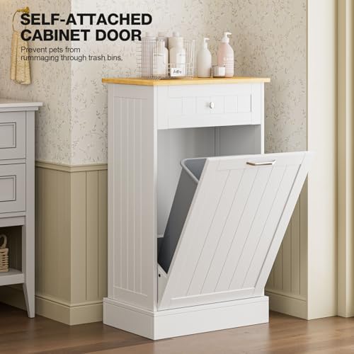 White 10 Gallon Tilt Out Trash Cabinet with Single Door - Wooden Recycling Bin