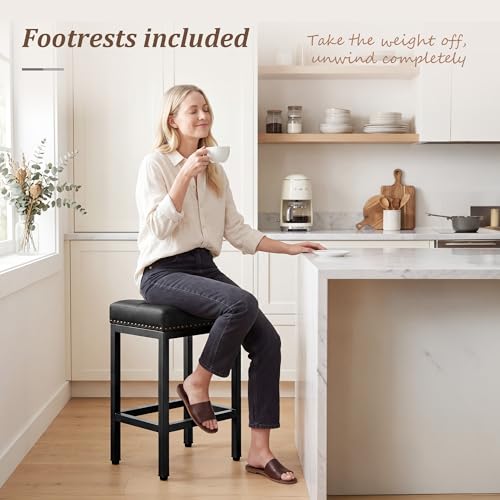 GRUSIGN Black 24 Inch Set of 2 Counter Height PU Leather Bar Stools with Footrest
